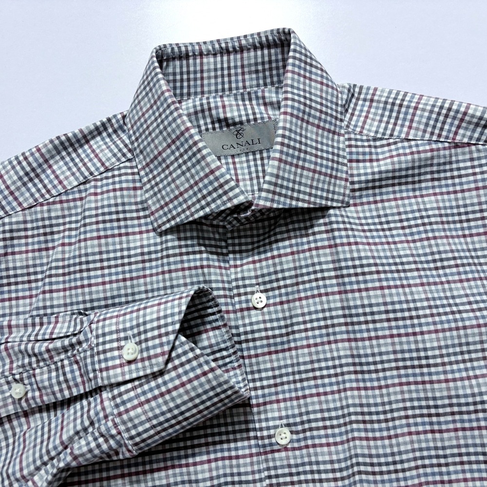 CANALI 1934 Shirt Gingham Check Button Up Long Sleeve Cotton Italy Mens 15 / 38